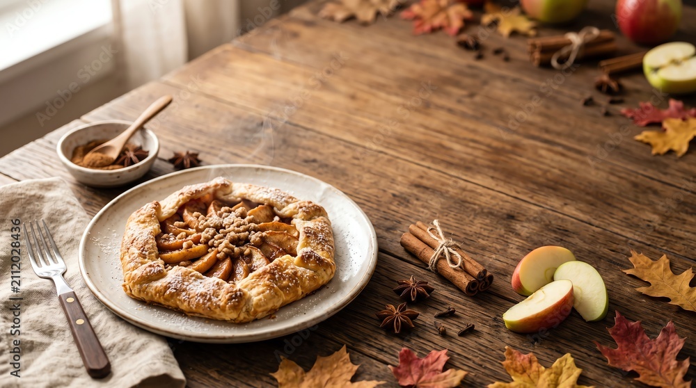 Fototapeta premium Freshly Baked Apple Galette Pastry on a Rustic Wooden Table for an Autumnal Dessert Scene