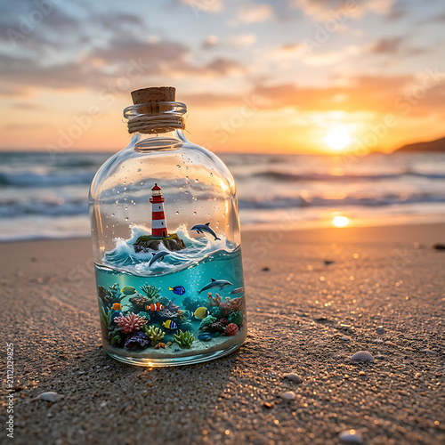 A miniature world within a glass bottle, with a lighthouse, ocean waves, colorful coral, and marine life.