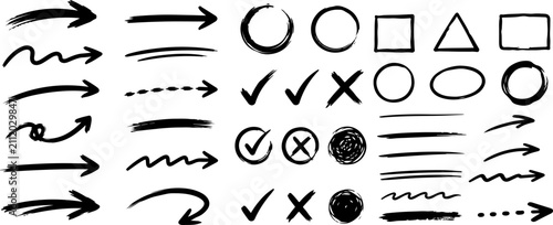 Hand drawn marker elements including arrows, circles, check marks and freehand scribble strokes. Doodle annotation symbols for notes, highlights and creative design eps
