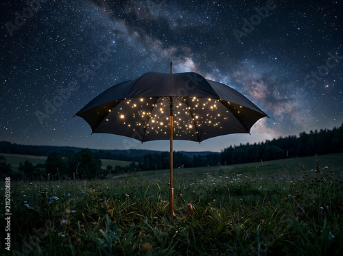 Black umbrella standing in meadow filled with glowing stars reflecting night sky milky way galaxy brilliance.
