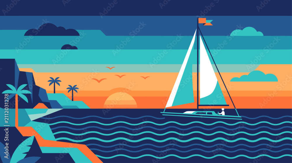 Naklejka premium Stylized Vector Illustration of a Sailboat Navigating a Calm Tropical Ocean During a Vibrant Sunset with Palm Trees