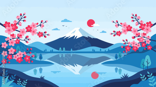 Scenic flat vector landscape of snow capped mountain peak with cherry blossoms and blue lake reflection in Japan