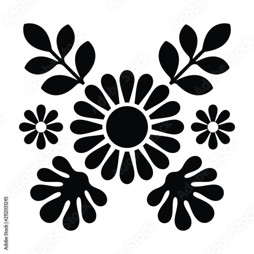Black floral pattern with stylized flowers and leaves on white background