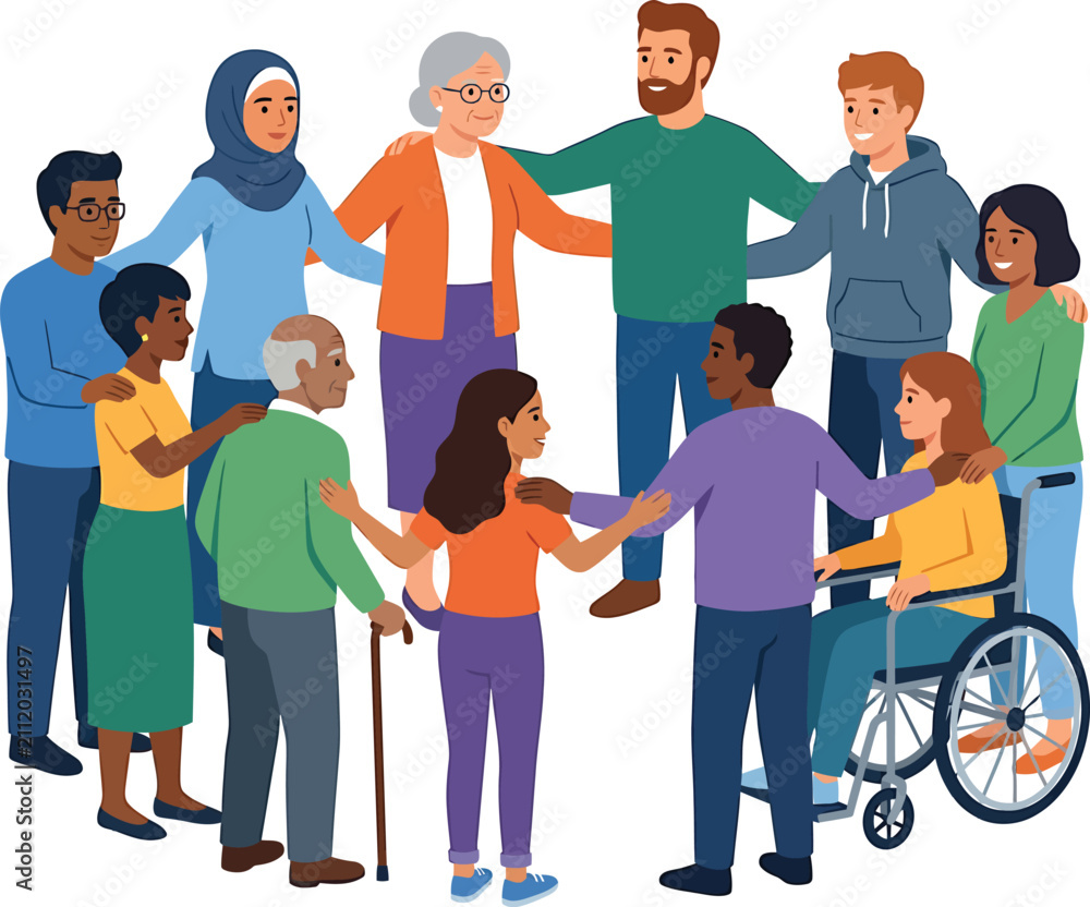 Obraz premium Diverse group of people standing in a circle holding hands and supporting each other
