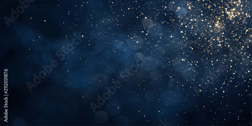 Celestial Dust and Light: A dark blue background filled with shimmering golden particles and soft bokeh lights, evoking a sense of cosmic wonder and ethereal beauty.
