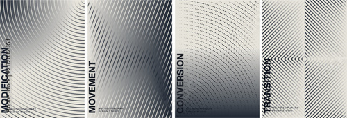 Minimalist halftone line pattern set, geometric moire texture posters, abstract monochrome vector background covers