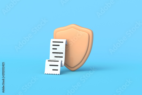 Reliable payments. Safe purchases. Consumer rights protection. Secure shopping. Fraud prevention. Warranty service. Store receipt beside a shield. 3d render