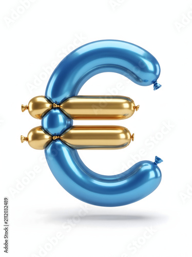 Euro currency sign made from blue and gold metallic balloon sculpture isolated on white background
