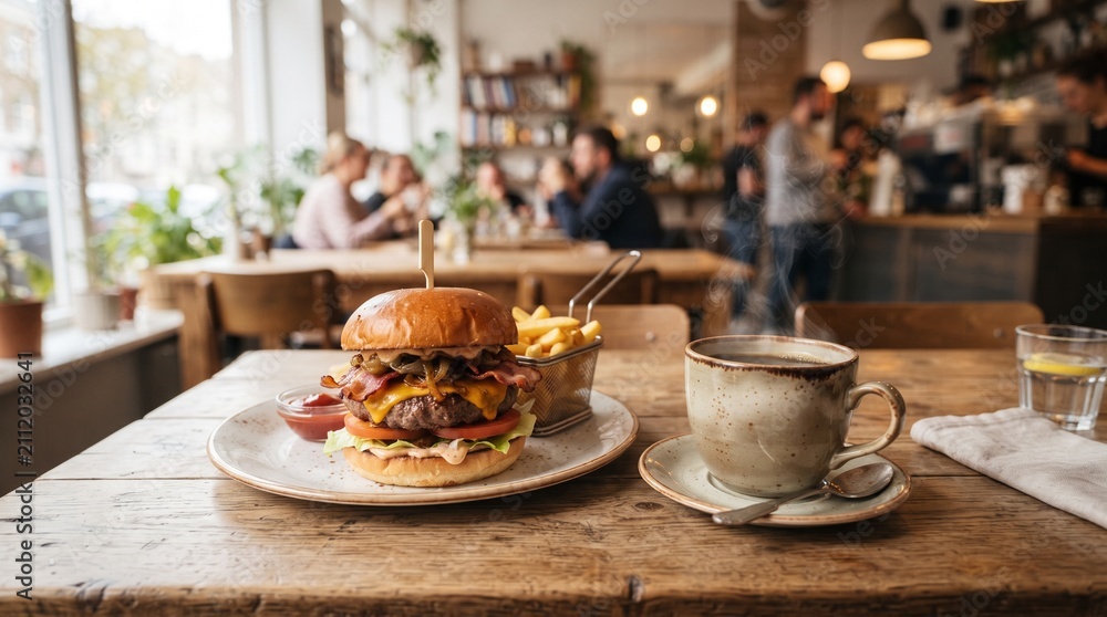 Fototapeta premium Gourmet Burger and Coffee in Modern Cafe Setting