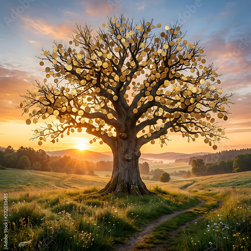 Fantasy money tree growing golden coins as leaves in countryside landscape during sunrise represents wealth.