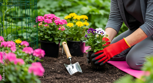 Gardener planting small flowers in fertile soil, vibrant colorful blossoms, enjoying outdoor hobby, cultivating garden plants, spring bloom, healthy lifestyle.