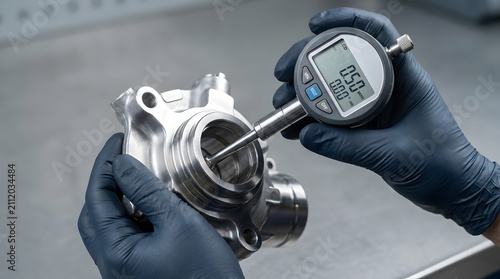 Automotive Technician Measuring Turbocharger Internal Dimensions with Digital Dial Bore Gauge.