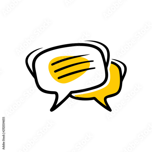 Two overlapping speech bubbles with yellow accent, conveying conversation or discussion.