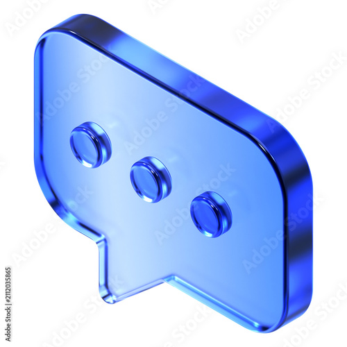 Glassmorphism speech bubble chat icon in isometric view featuring transparent blue glossy finish. Translucent dialogue comment design element suited for conversation communication