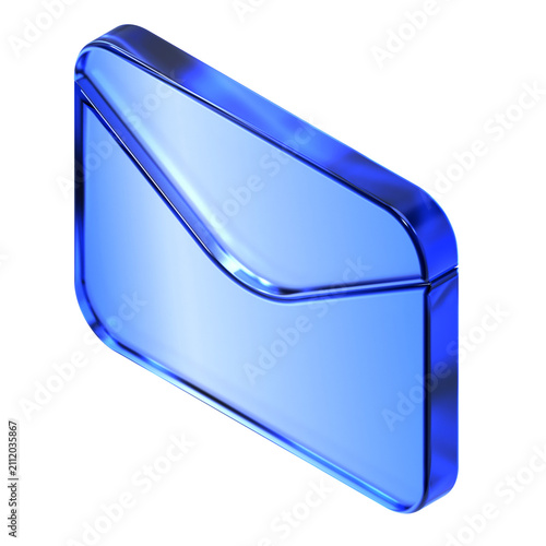 Glassmorphism envelope icon in isometric view featuring transparent blue glossy finish. Translucent mail email design element suited for digital message notification or inbox contact interface