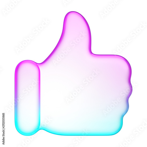 Pastel holographic thumbs up icon with smooth pink and cyan neon soft gradient. Translucent fluid glossy design element suited for social media like, feedback approval, or rating interface button