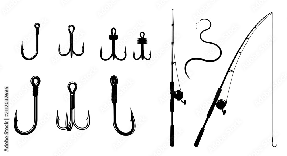 Fototapeta premium Collection of essential fishing gear, featuring a variety of sharp hooks and sturdy fishing rods, perfect for enthusiasts and professional anglers