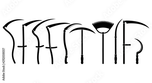 Bild auf Leinwand Collection of agricultural scythe and sickle tool silhouettes for harvesting, fa