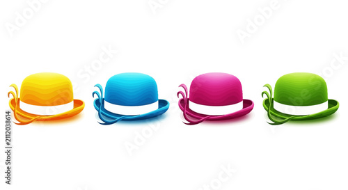 Fotografía A vibrant collection of four classic bowler hats in an array of cheerful colors,
