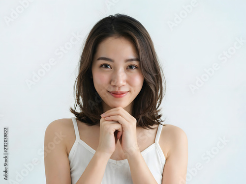 Portrait of a young asian woman with shoulder length dark hair wearing a white tank posing with hands clasped on white background