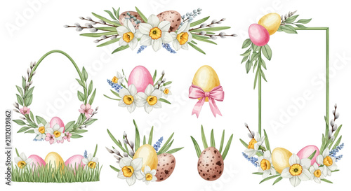 Canvastavla Watercolor Easter floral frame set with spring flowers, painted eggs, pussy will