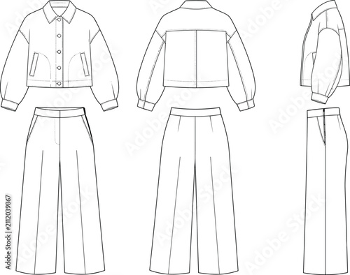 Картината върху платно Women's two piece set cropped jacket and wide leg pants technical flat sketch fr