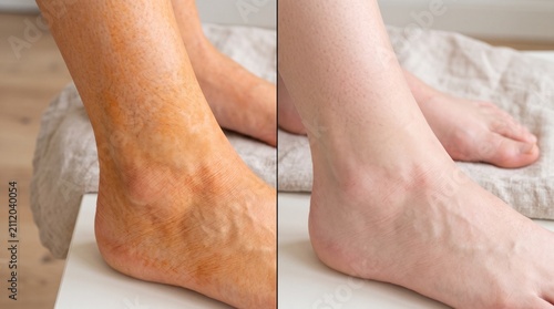 Before and after patchy self tanner removal and skin exfoliation