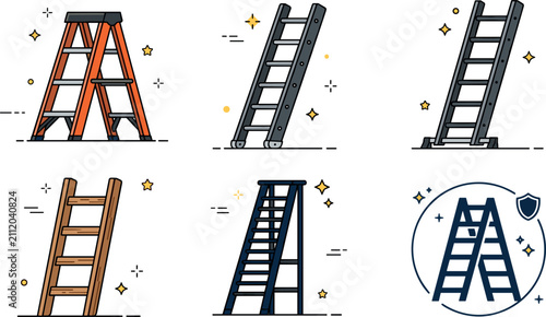 Industrial Ladder and Stepladder Vector Icon Set with Extension Wood Metal and Safety Shield Symbols for Construction Hardware Website Designs