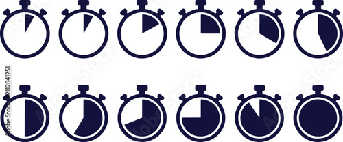 Obraz na płótnie A set of twelve stopwatch icons showing different time intervals with increasing