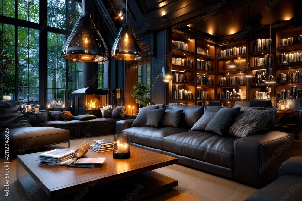 Obraz premium Dark and Cozy Home Library with Fireplace and Large Windows