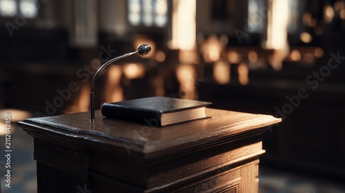 Judicial podium with book in a courtroom setting.
