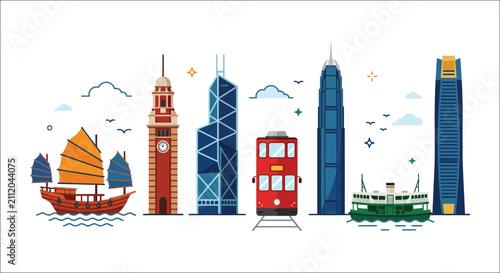 Принти на полотні Hong Kong cityscape vector illustration featuring a junk ship clock tower tram a