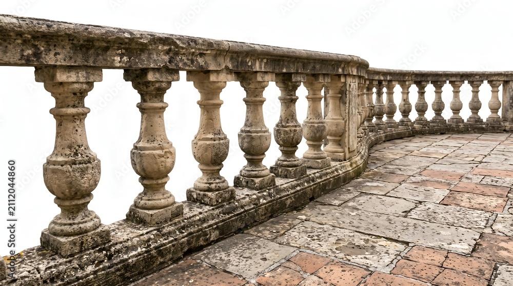 Fototapeta premium Weathered antique stone balustrade on a historic balcony with textured columns