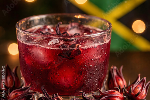 Vibrant Hibiscus Iced Drink: A refreshing crimson beverage, adorned with ice and dried hibiscus flowers, sits in a glass, with the Jamaican flag subtly visible in the background.