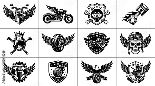 Collection of vintage motorcycle and bicycle emblems and logos.