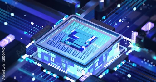 Animated blue microchip processor mounted on a glowing circuit board with flowing data streams.