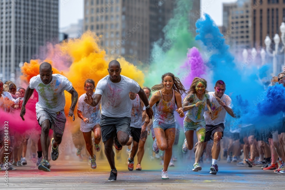 Obraz premium Vibrant color run event in urban setting brings community together for fun and health