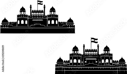 Black silhouette of iconic Red Fort Lal Qila New Delhi with Indian flag in solid and outline style, flat vector illustration perfect for Indian Independence Day, Republic Day, patriotic poster, greeti