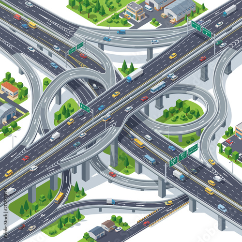 Complex highway interchange with multiple levels and traffic flow.