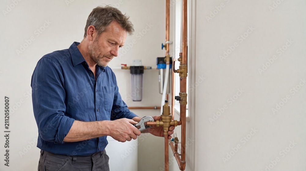 Fototapeta premium Professional plumber installing copper water pipes and valve in residential plumbing system