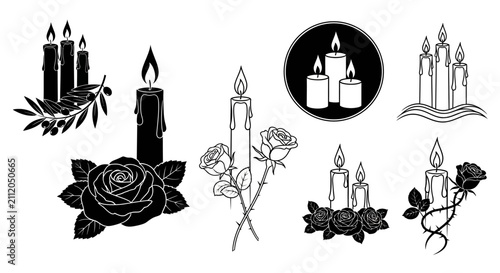 Obraz na płótnie Funeral memorial candle icons with roses, black and white mourning candle vector