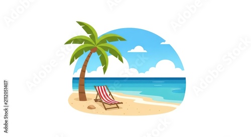 Beach scene with palm tree chair.