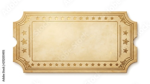 Blank vintage golden ticket. Old paper raffle stub with ornate star border design.