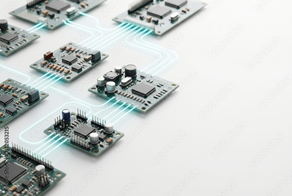 Fototapeta premium Electronic circuit boards interconnected on white tabletop