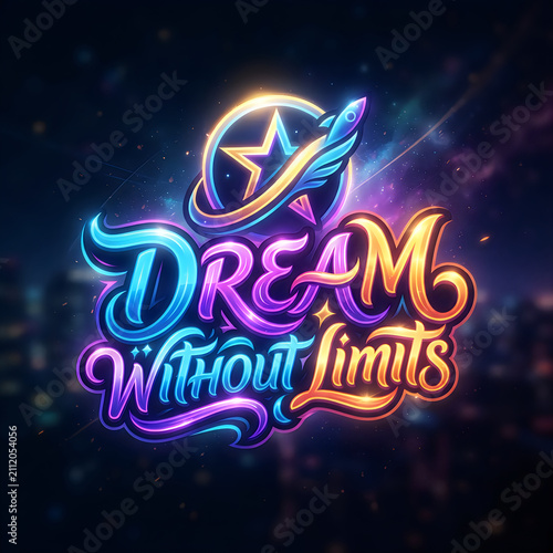 Dream without limits motivational typography logo design. Inspirational neon glowing text for branding and digital media.