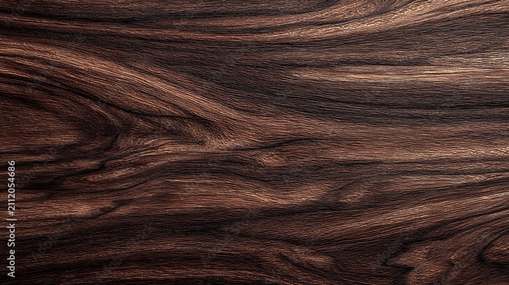 Fototapeta premium dark walnut wooden surface texture, rich deep brown tones with flowing grain lines, polished furniture finish, seamless horizontal composition, elegant interior material background, product