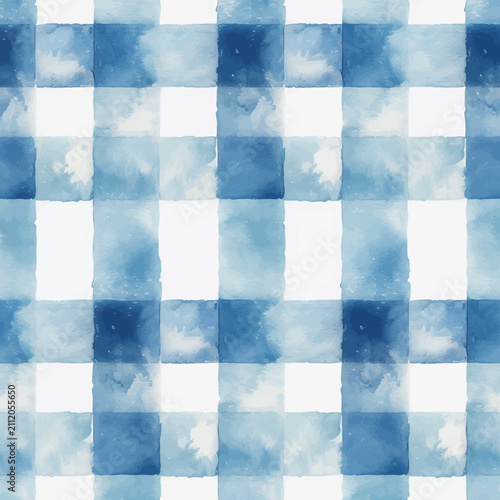 Seamless watercolor gingham blue plaid print pattern