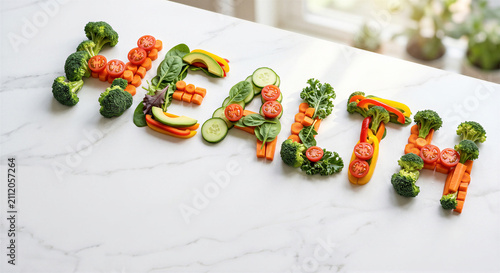 Fresh Organic Vegetables Forming the Word HEALTH on White Marble Countertop | Healthy Eating and Nutrition Concept