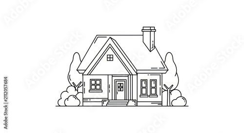 Simple house with chimney and trees.