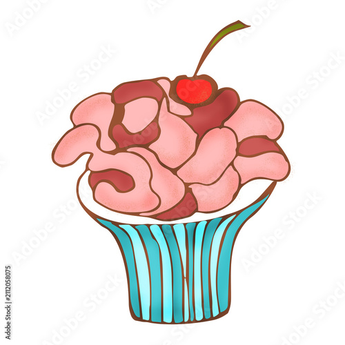 Cute Hand Drawn Cupcake on White Background – Colorful Dessert Illustration